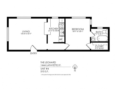 Floor plan for 1 bed, 1 bath, 515 sqft